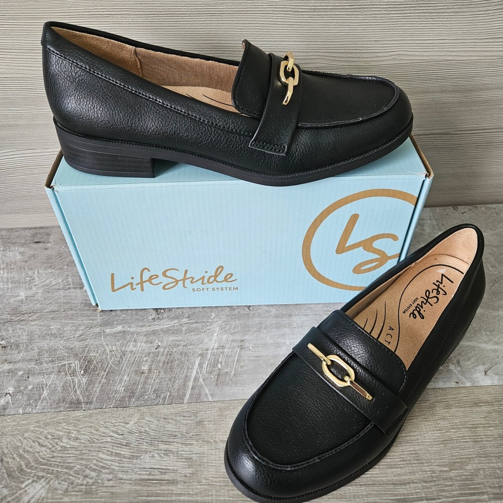 LifeStride Sonoma Loafers Womens 8.5 Black Faux Leather Gold Chain Active Arch